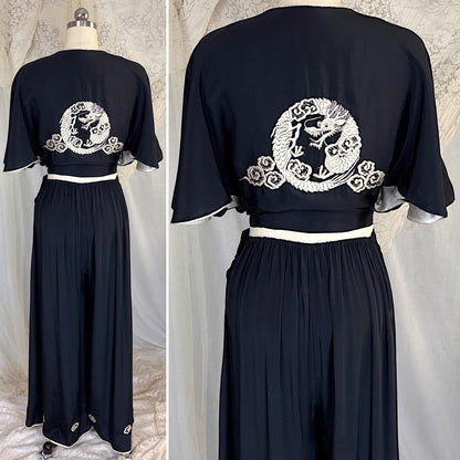 Antique 1920's Black & White Kimono Silk Lounge Set with Dragon Embroidery, size S, M - Daggers & Dames