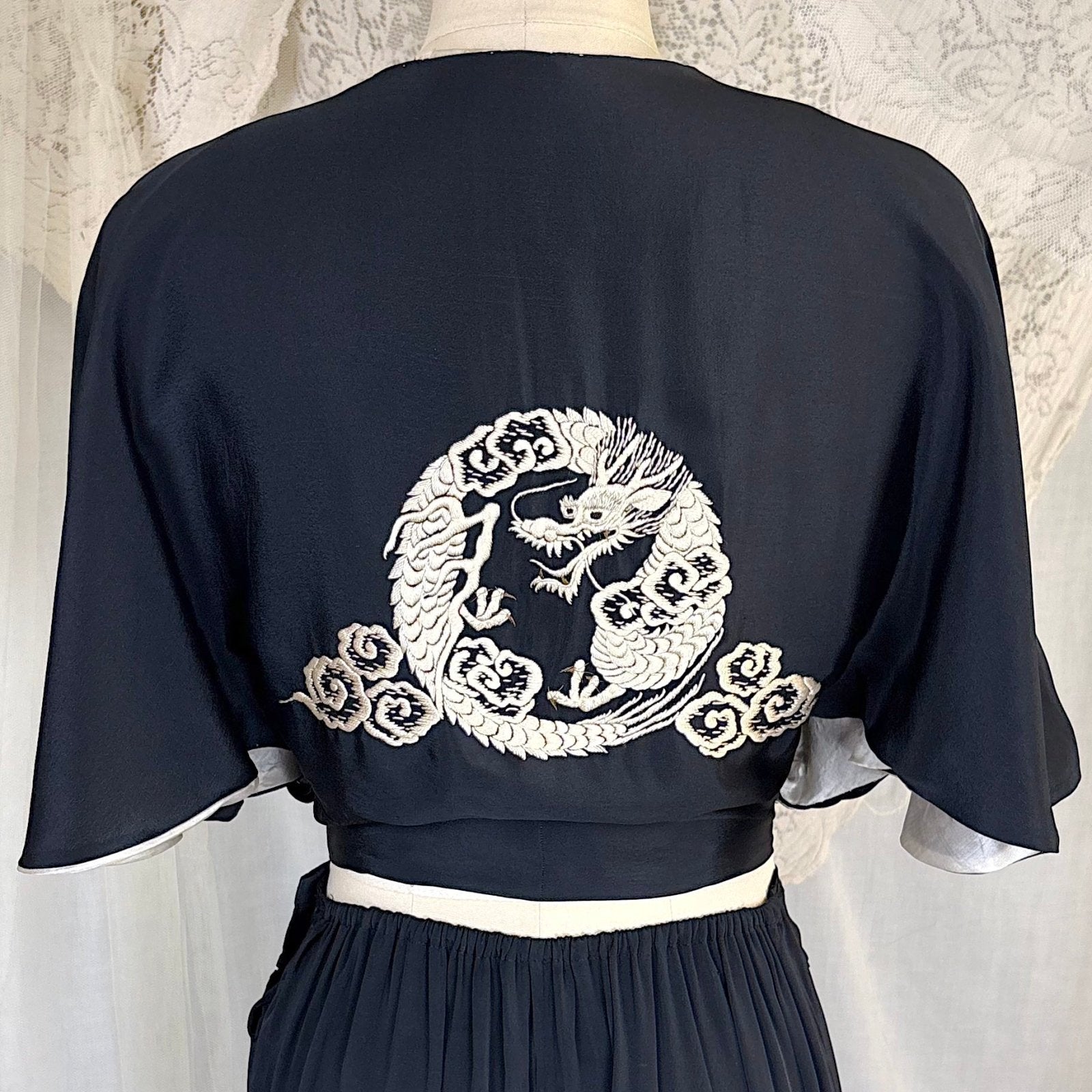 Antique 1920's Black & White Kimono Silk Lounge Set with Dragon Embroidery, size S, M - Daggers & Dames
