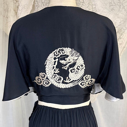 Antique 1920's Black & White Kimono Silk Lounge Set with Dragon Embroidery, size S, M - Daggers & Dames