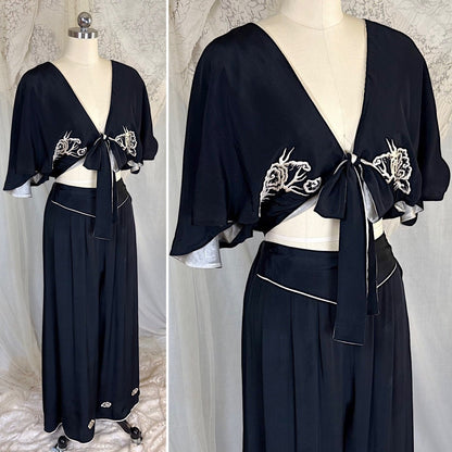 Antique 1920's Black & White Kimono Silk Lounge Set with Dragon Embroidery, size S, M - Daggers & Dames