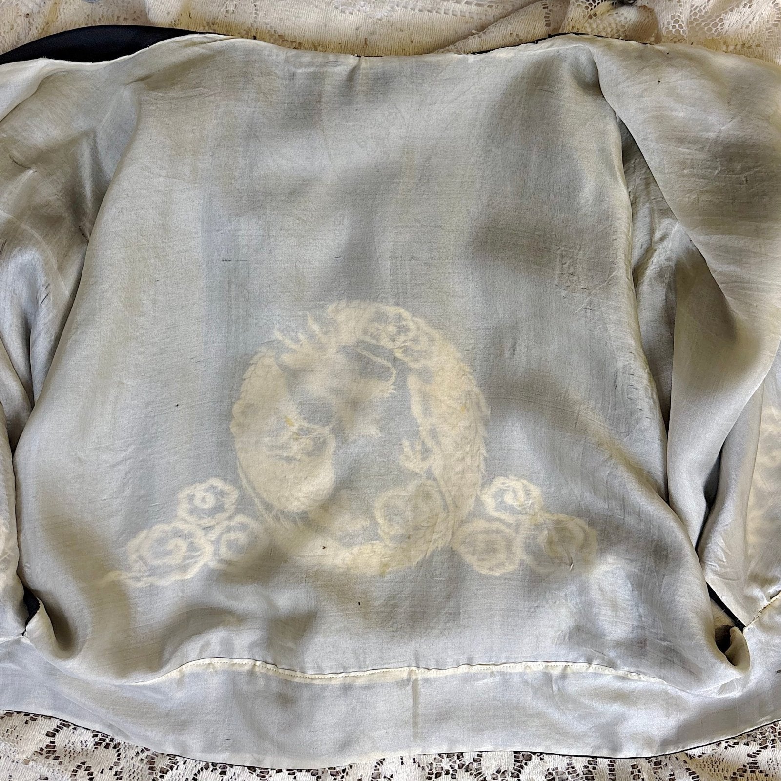 Antique 1920's Black & White Kimono Silk Lounge Set with Dragon Embroidery, size S, M - Daggers & Dames