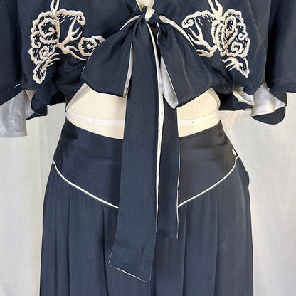 Antique 1920's Black & White Kimono Silk Lounge Set with Dragon Embroidery, size S, M - Daggers & Dames