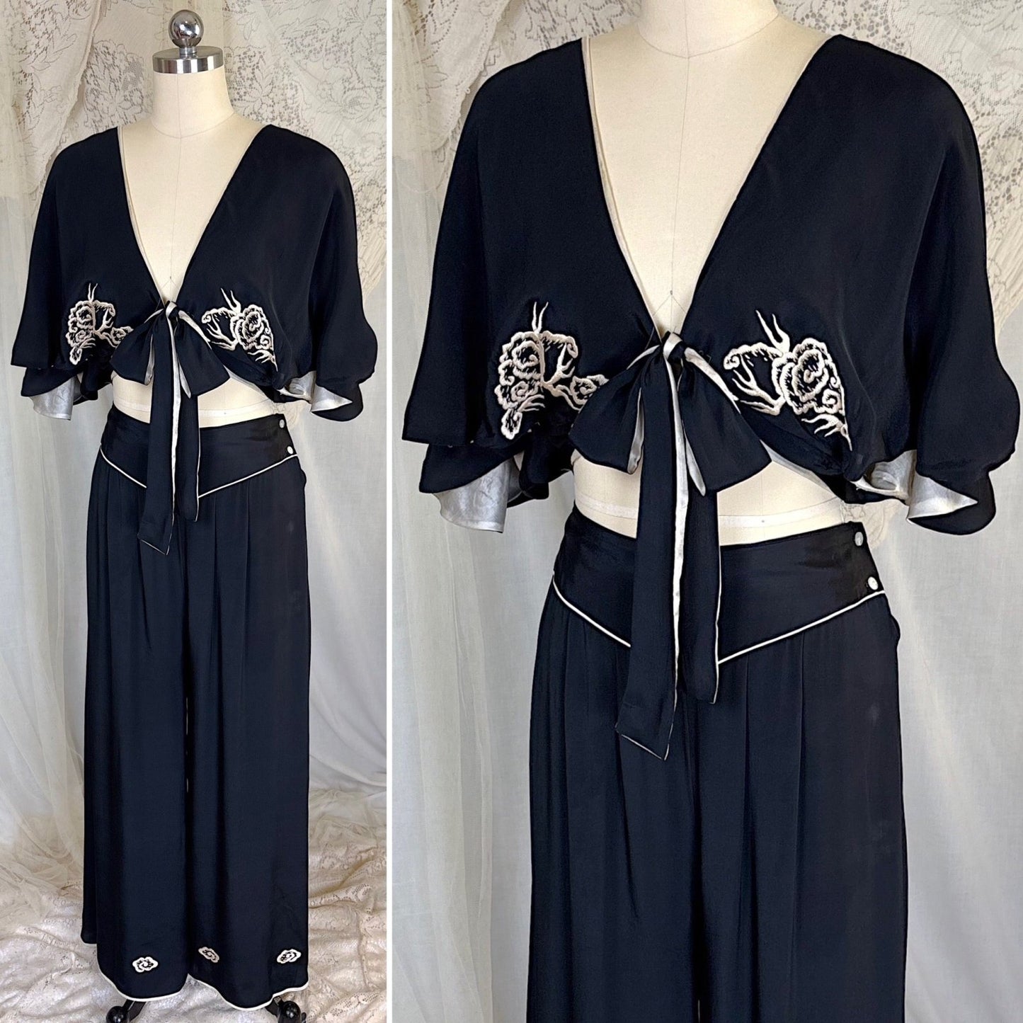 Antique 1920's Black & White Kimono Silk Lounge Set with Dragon Embroidery, size S, M - Daggers & Dames