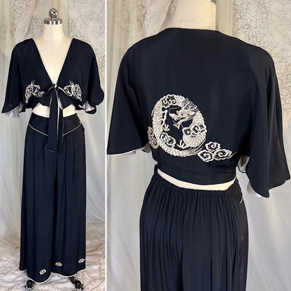 Antique 1920's Black & White Kimono Silk Lounge Set with Dragon Embroidery, size S, M - Daggers & Dames