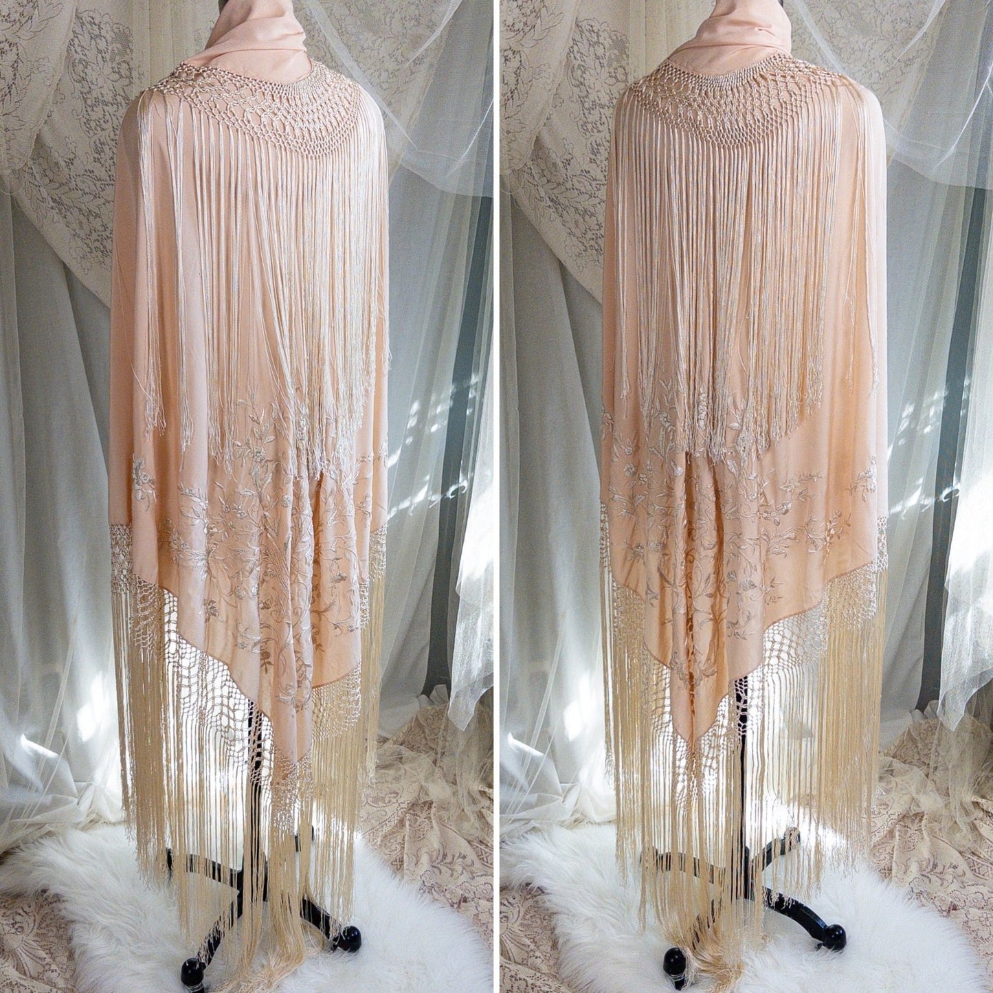 Antique 1920s Canton de Manila Piano Shawl & Art Deco Clasp - Pale Peach Silk with Ivory Floral & Heart Embroidery - Daggers & Dames