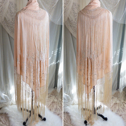 Antique 1920s Canton de Manila Piano Shawl & Art Deco Clasp - Pale Peach Silk with Ivory Floral & Heart Embroidery - Daggers & Dames