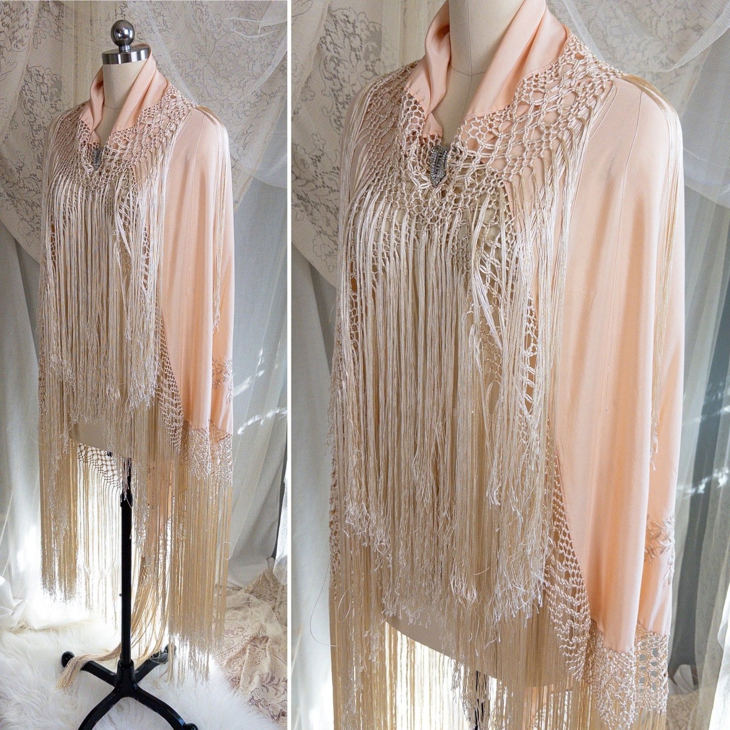 Antique 1920s Canton de Manila Piano Shawl & Art Deco Clasp - Pale Peach Silk with Ivory Floral & Heart Embroidery - Daggers & Dames