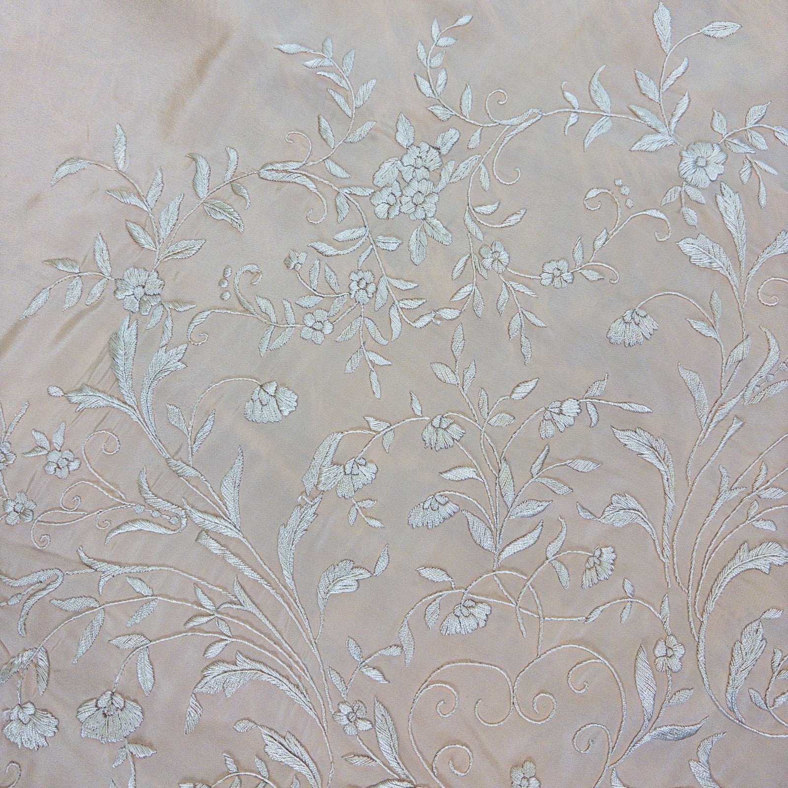 Antique 1920s Canton de Manila Piano Shawl & Art Deco Clasp - Pale Peach Silk with Ivory Floral & Heart Embroidery - Daggers & Dames