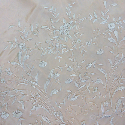 Antique 1920s Canton de Manila Piano Shawl & Art Deco Clasp - Pale Peach Silk with Ivory Floral & Heart Embroidery - Daggers & Dames