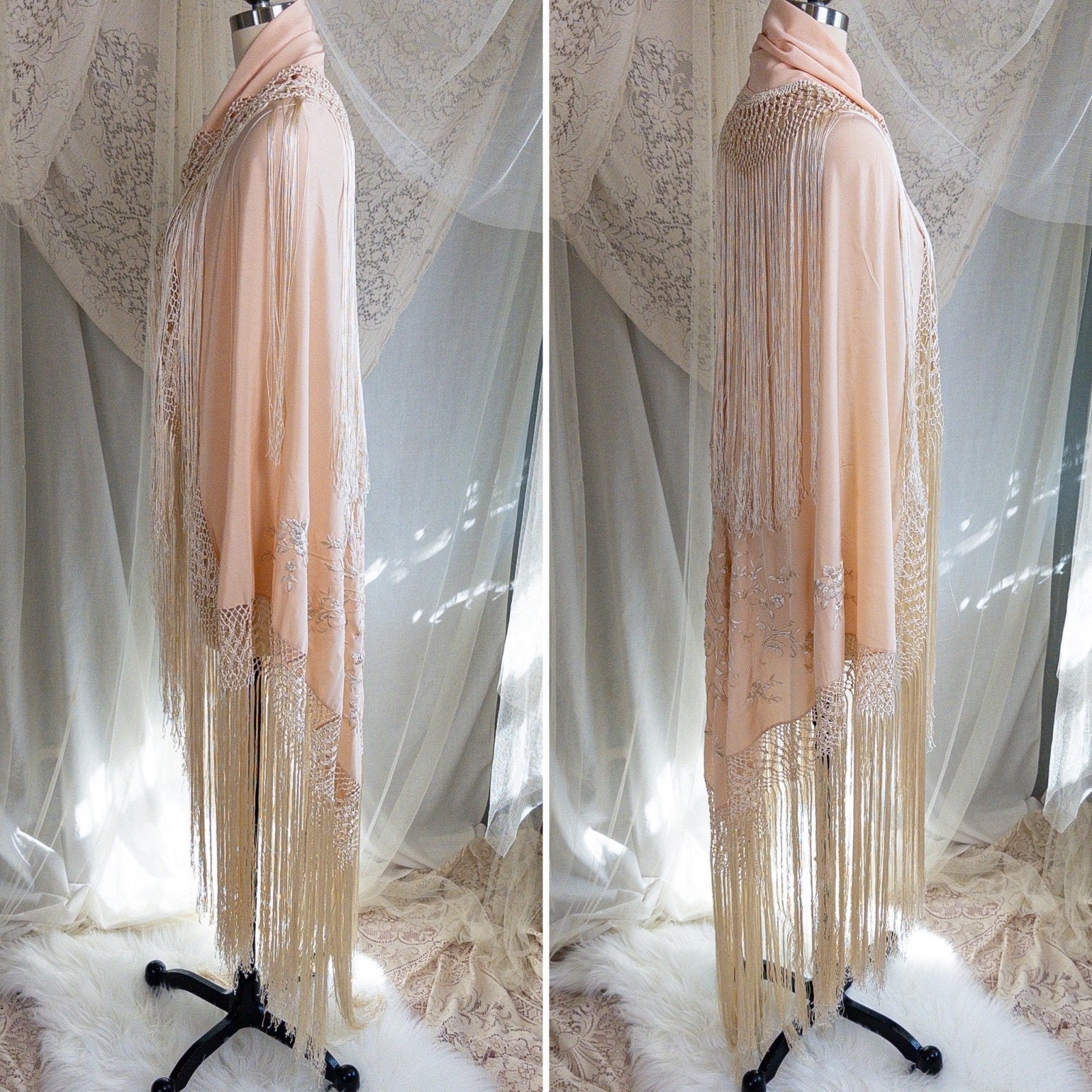 Antique 1920s Canton de Manila Piano Shawl & Art Deco Clasp - Pale Peach Silk with Ivory Floral & Heart Embroidery - Daggers & Dames