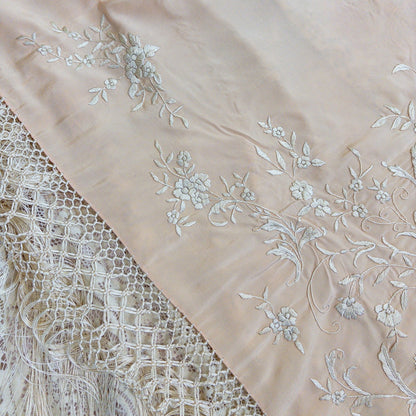 Antique 1920s Canton de Manila Piano Shawl & Art Deco Clasp - Pale Peach Silk with Ivory Floral & Heart Embroidery - Daggers & Dames