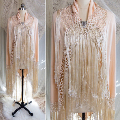 Antique 1920s Canton de Manila Piano Shawl & Art Deco Clasp - Pale Peach Silk with Ivory Floral & Heart Embroidery - Daggers & Dames