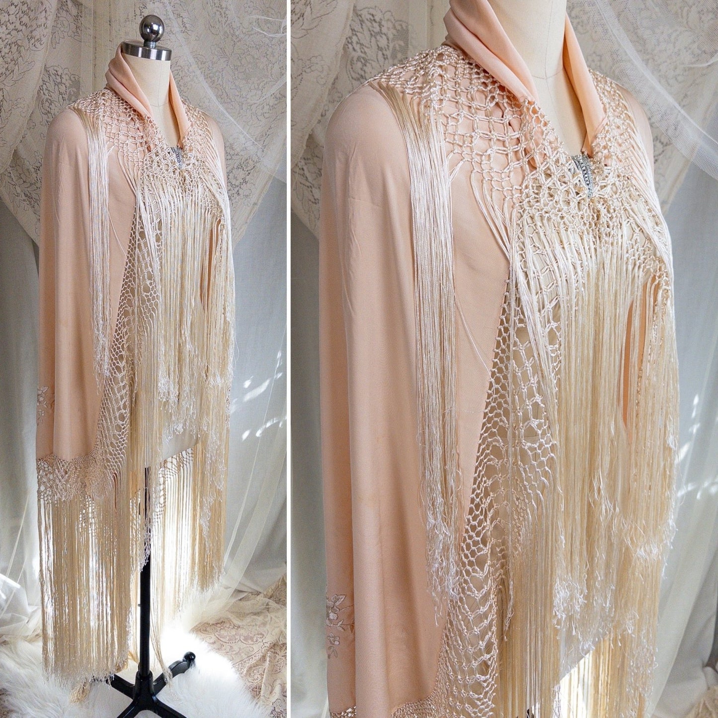 Antique 1920s Canton de Manila Piano Shawl & Art Deco Clasp - Pale Peach Silk with Ivory Floral & Heart Embroidery - Daggers & Dames