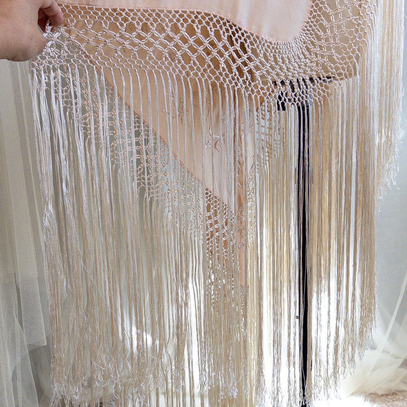 Antique 1920s Canton de Manila Piano Shawl & Art Deco Clasp - Pale Peach Silk with Ivory Floral & Heart Embroidery - Daggers & Dames