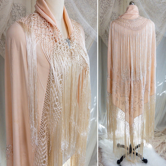 Antique 1920s Canton de Manila Piano Shawl & Art Deco Clasp - Pale Peach Silk with Ivory Floral & Heart Embroidery - Daggers & Dames