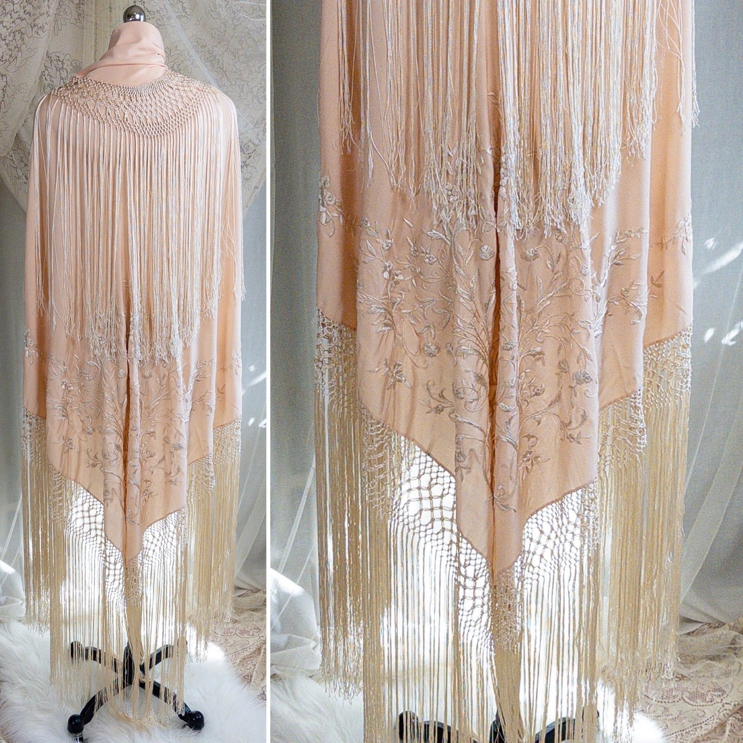 Antique 1920s Canton de Manila Piano Shawl & Art Deco Clasp - Pale Peach Silk with Ivory Floral & Heart Embroidery - Daggers & Dames