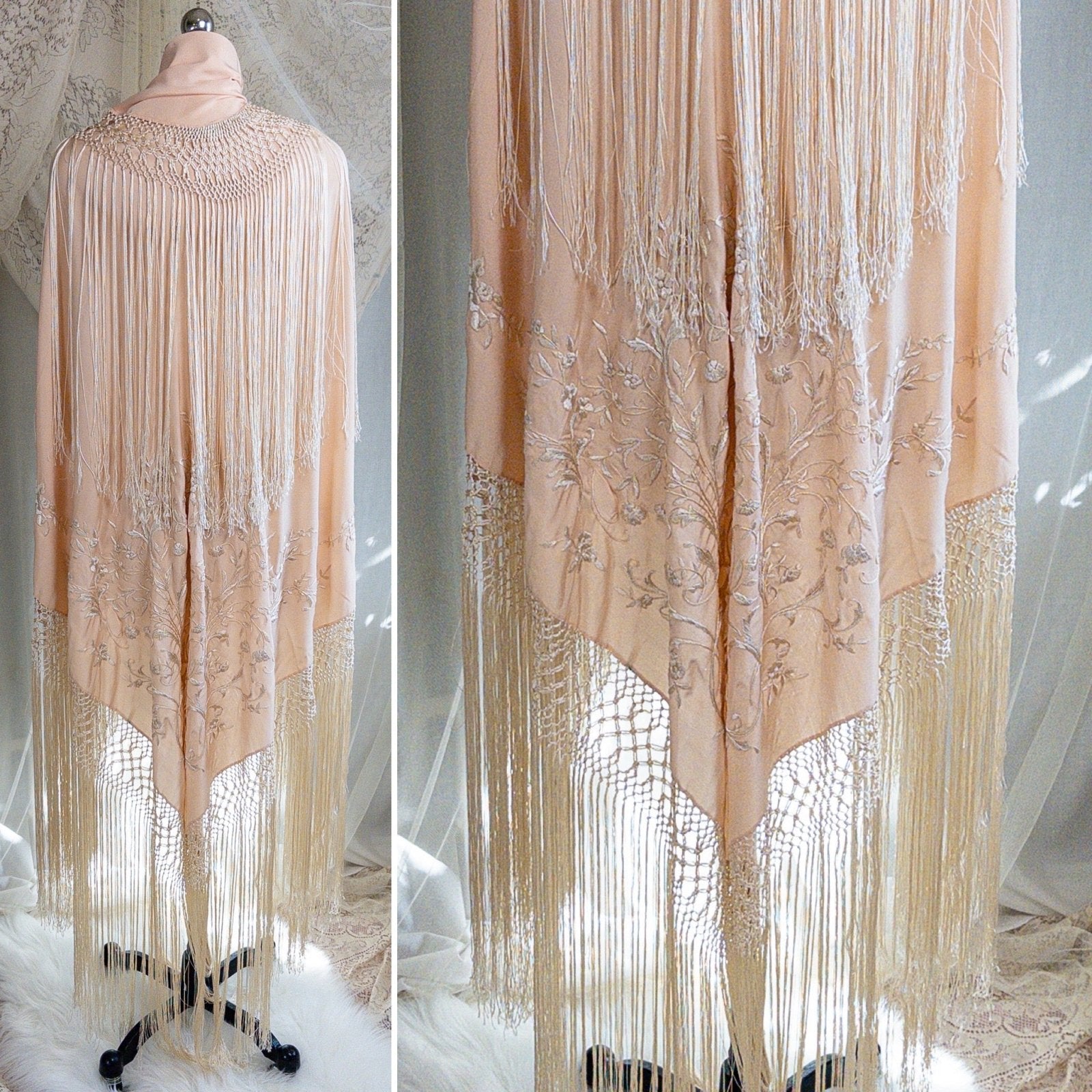 Antique 1920s Canton de Manila Piano Shawl & Art Deco Clasp - Pale Peach Silk with Ivory Floral & Heart Embroidery - Daggers & Dames