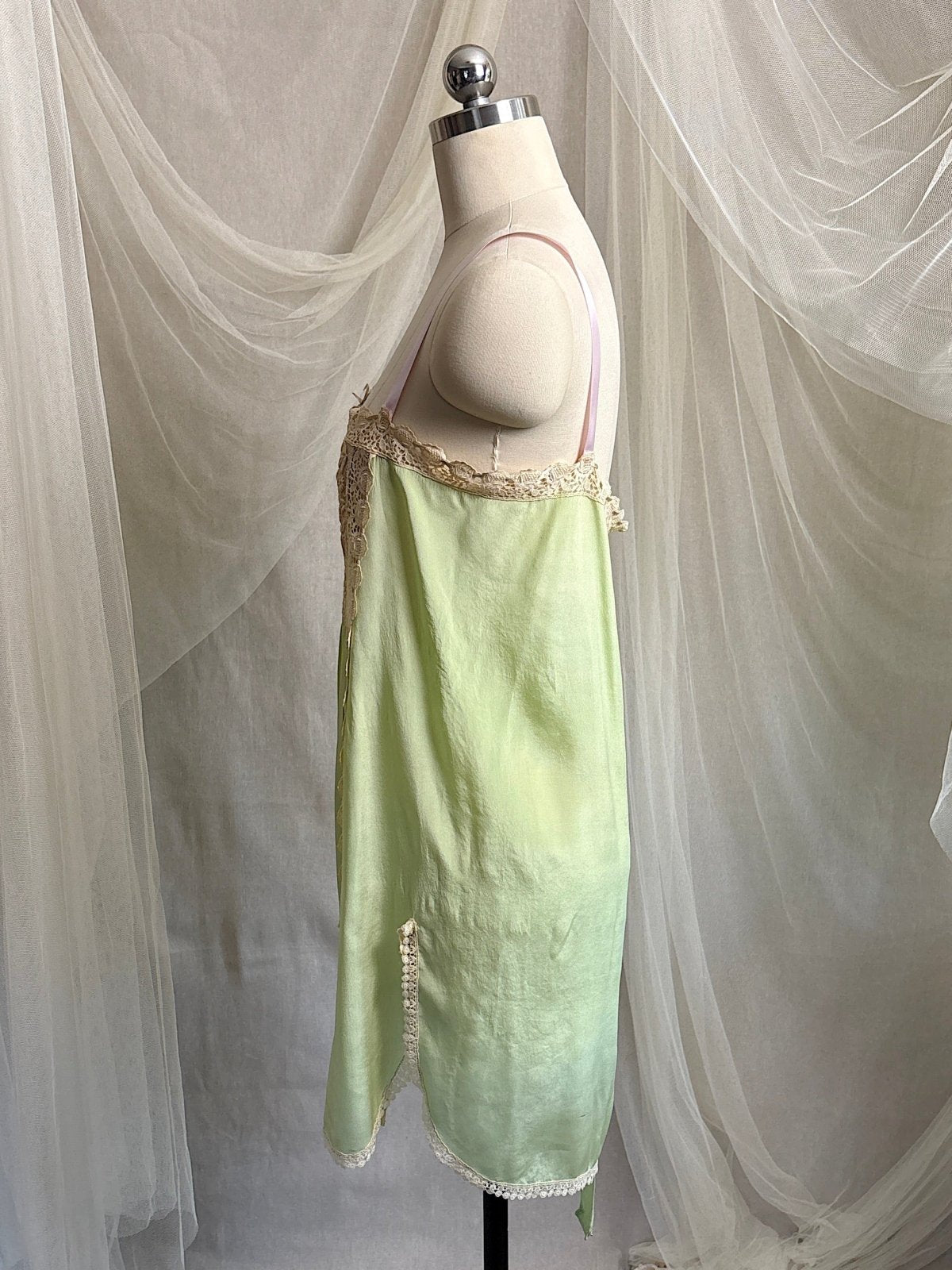 Antique 1920's Chemise - Pistachio Green Silk with Warm Nude Embroidered Lace | M, LG - Daggers & Dames
