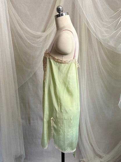 Antique 1920's Chemise - Pistachio Green Silk with Warm Nude Embroidered Lace | M, LG - Daggers & Dames