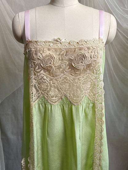 Antique 1920's Chemise - Pistachio Green Silk with Warm Nude Embroidered Lace | M, LG - Daggers & Dames