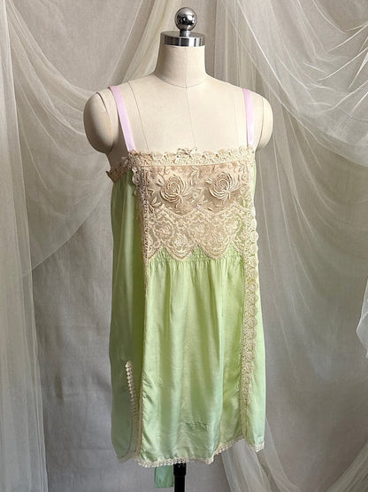 Antique 1920's Chemise - Pistachio Green Silk with Warm Nude Embroidered Lace | M, LG - Daggers & Dames