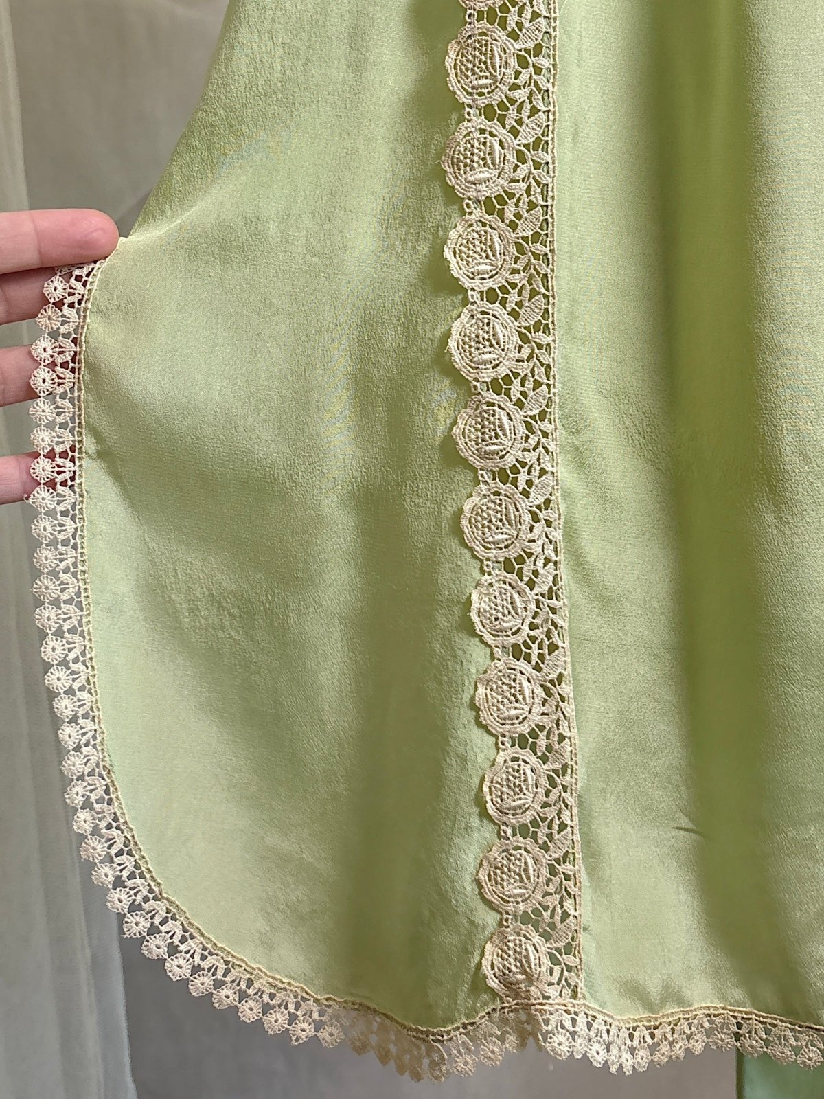 Antique 1920's Chemise - Pistachio Green Silk with Warm Nude Embroidered Lace | M, LG - Daggers & Dames