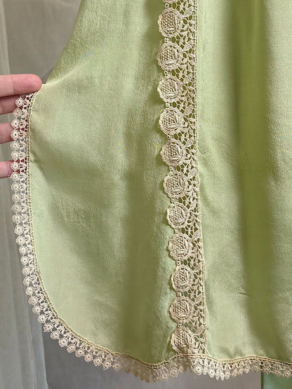 Antique 1920's Chemise - Pistachio Green Silk with Warm Nude Embroidered Lace | M, LG - Daggers & Dames