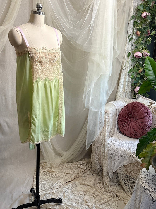 Antique 1920's Chemise - Pistachio Green Silk with Warm Nude Embroidered Lace | M, LG - Daggers & Dames