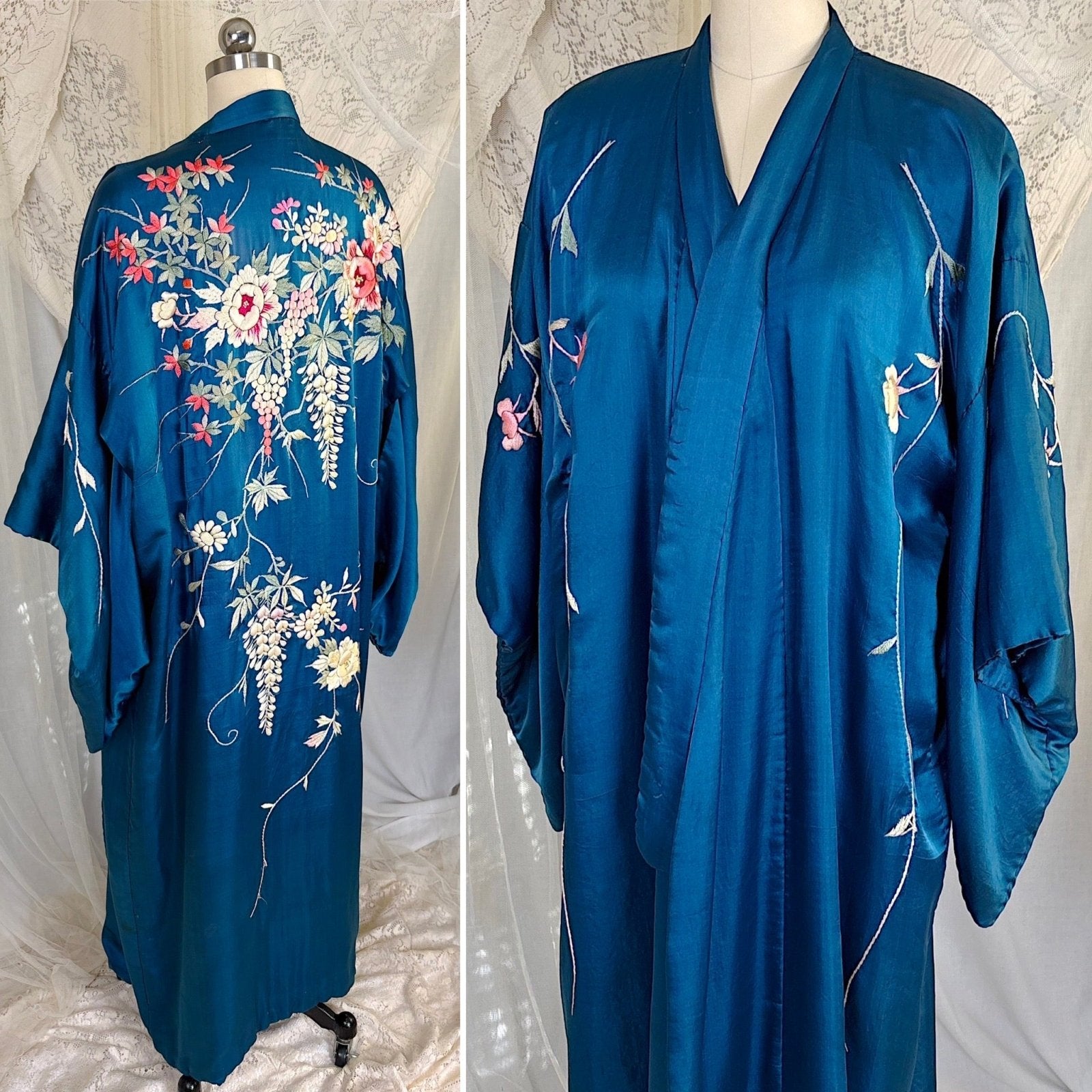 Antique 1920's Cobalt Blue Silk Japanese Kimono with Elaborate Couched Floral Embroidery, size Free - Daggers & Dames