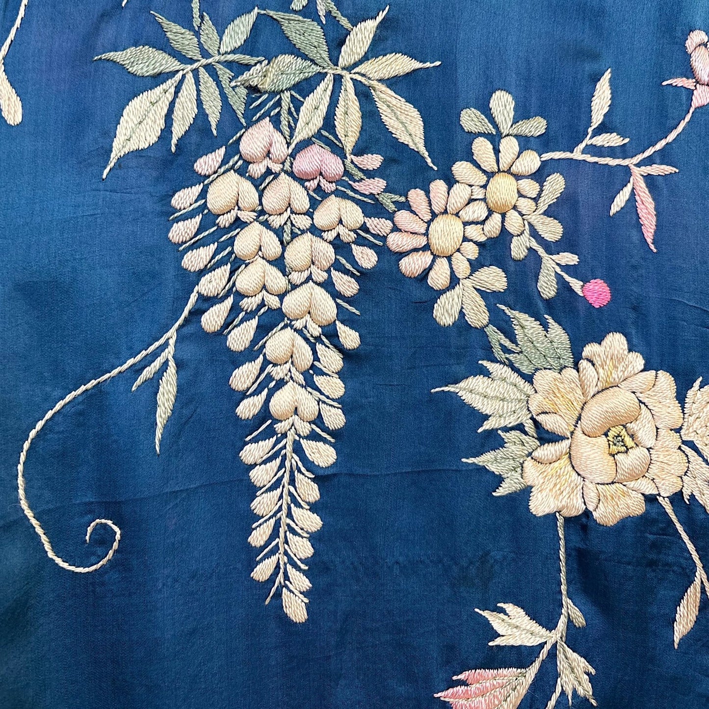 Antique 1920's Cobalt Blue Silk Japanese Kimono with Elaborate Couched Floral Embroidery, size Free - Daggers & Dames