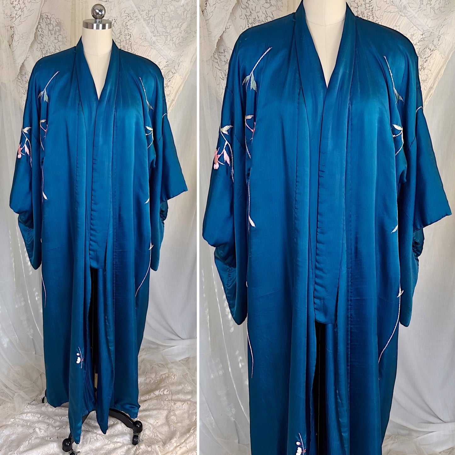 Antique 1920's Cobalt Blue Silk Japanese Kimono with Elaborate Couched Floral Embroidery, size Free - Daggers & Dames