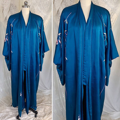Antique 1920's Cobalt Blue Silk Japanese Kimono with Elaborate Couched Floral Embroidery, size Free - Daggers & Dames