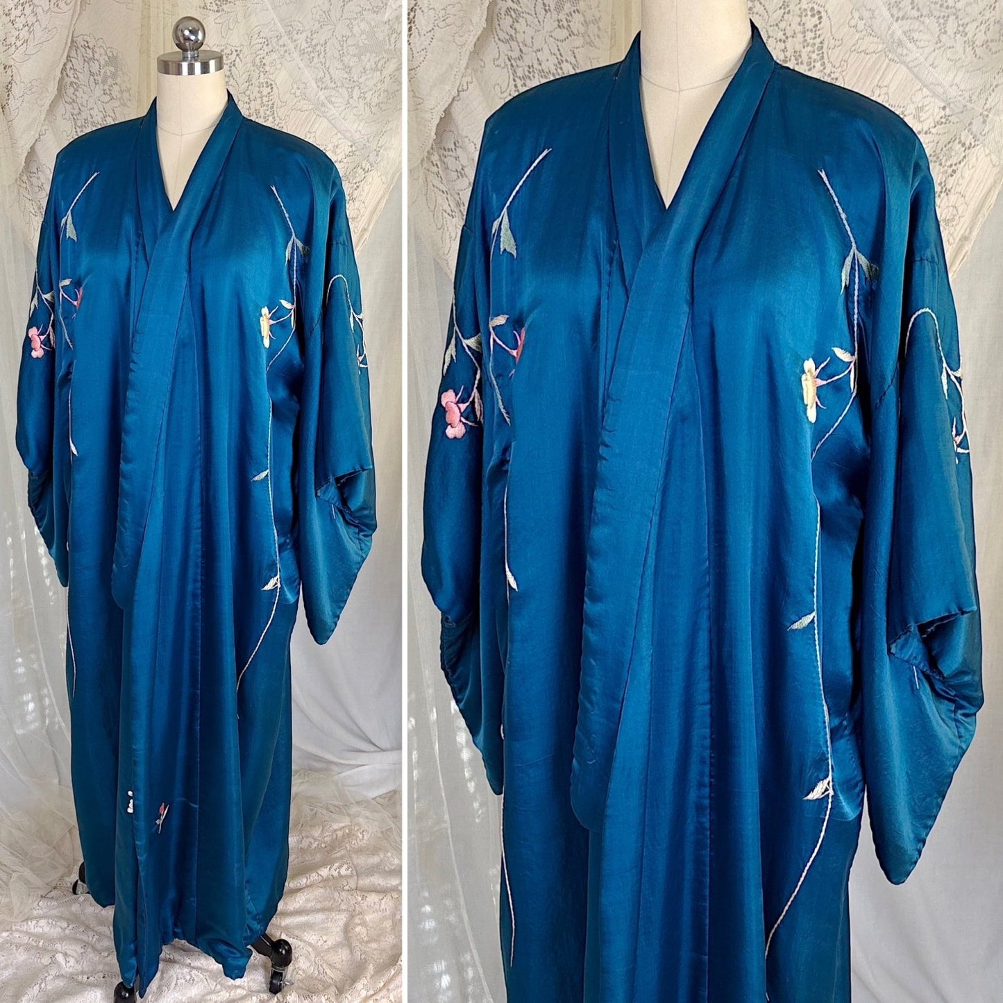 Antique 1920's Cobalt Blue Silk Japanese Kimono with Elaborate Couched Floral Embroidery, size Free - Daggers & Dames