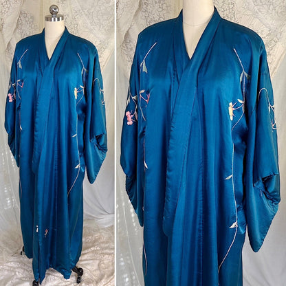 Antique 1920's Cobalt Blue Silk Japanese Kimono with Elaborate Couched Floral Embroidery, size Free - Daggers & Dames