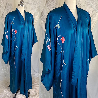 Antique 1920's Cobalt Blue Silk Japanese Kimono with Elaborate Couched Floral Embroidery, size Free - Daggers & Dames