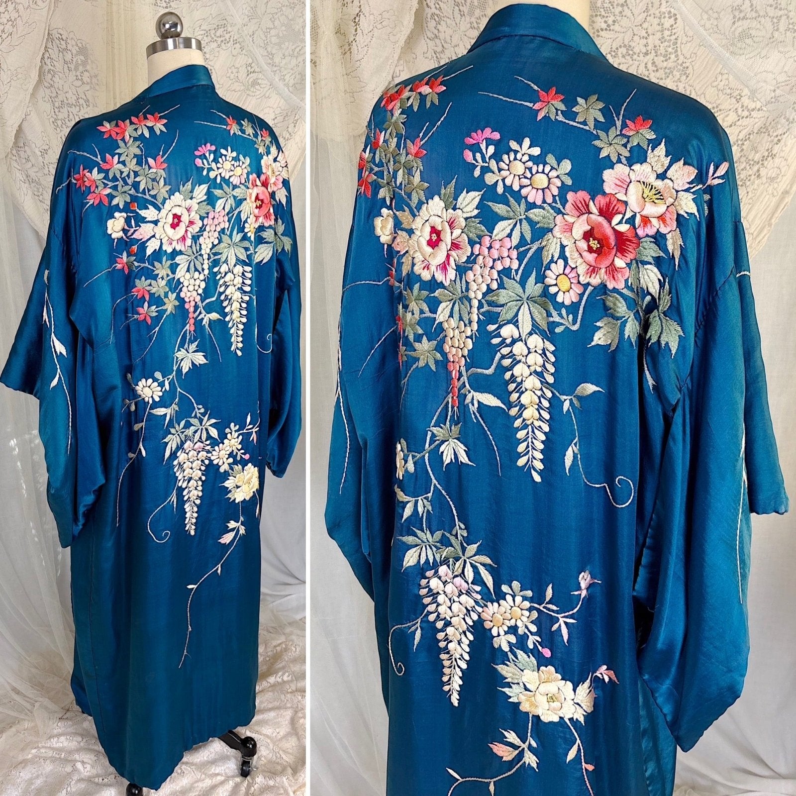 Antique 1920's Cobalt Blue Silk Japanese Kimono with Elaborate Couched Floral Embroidery, size Free - Daggers & Dames