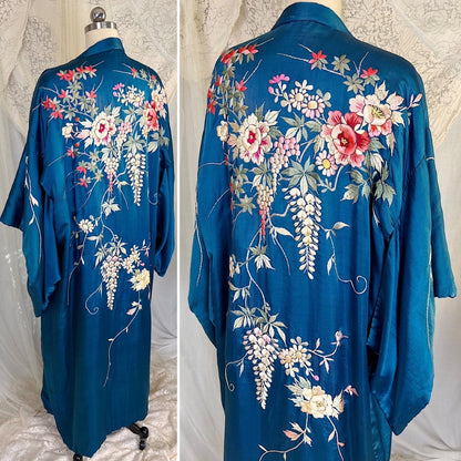 Antique 1920's Cobalt Blue Silk Japanese Kimono with Elaborate Couched Floral Embroidery, size Free - Daggers & Dames