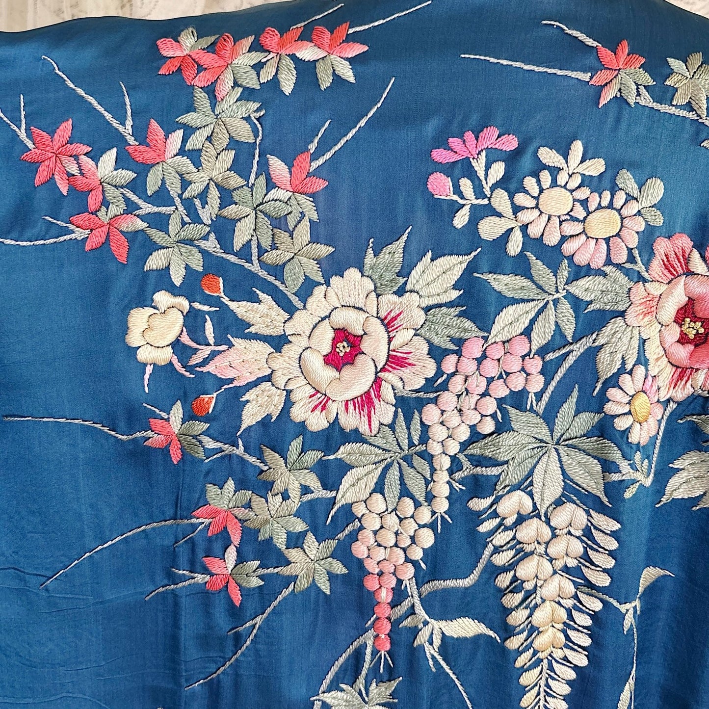 Antique 1920's Cobalt Blue Silk Japanese Kimono with Elaborate Couched Floral Embroidery, size Free - Daggers & Dames