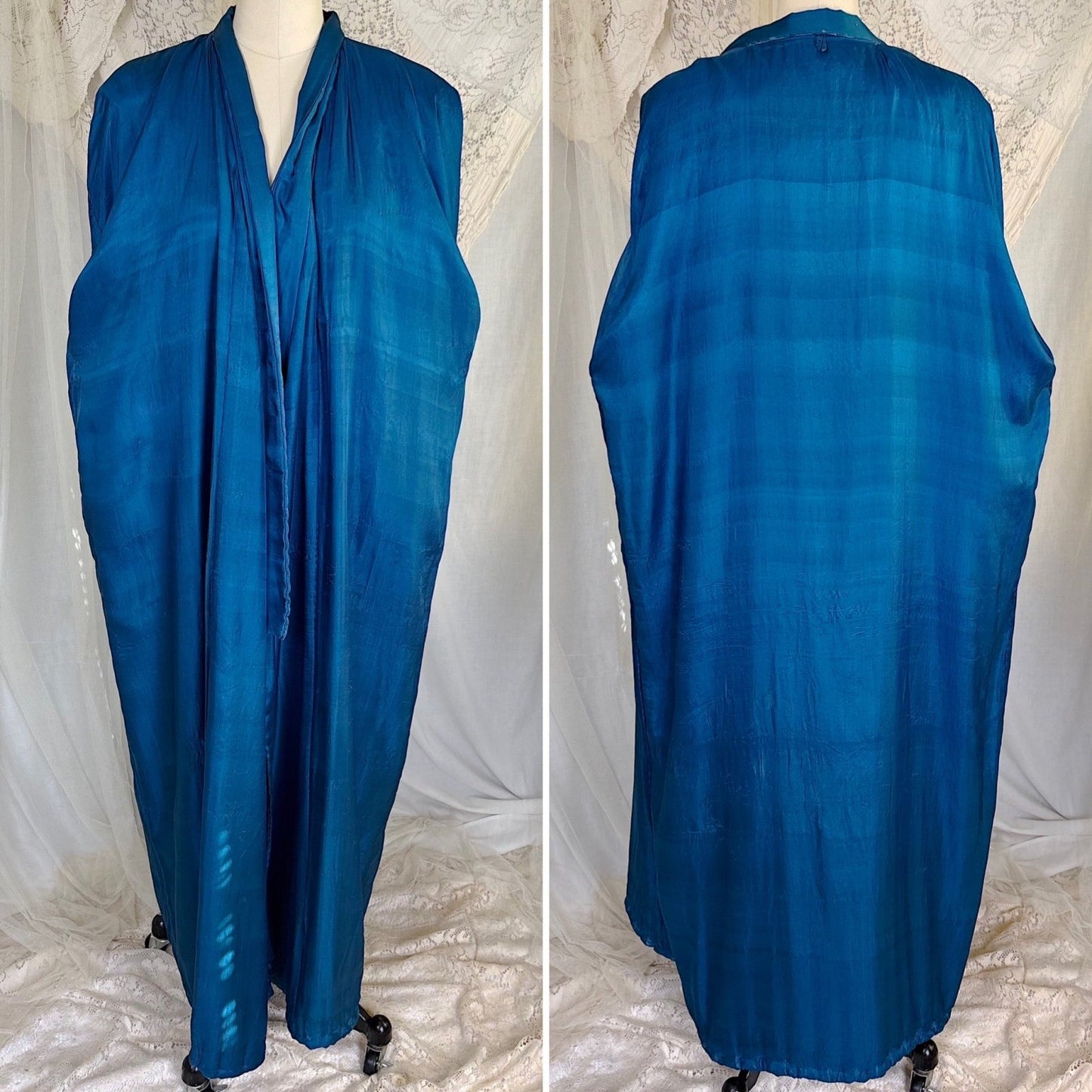 Antique 1920's Cobalt Blue Silk Japanese Kimono with Elaborate Couched Floral Embroidery, size Free - Daggers & Dames