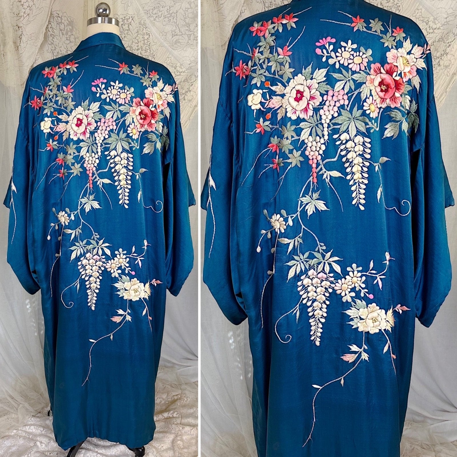 Antique 1920's Cobalt Blue Silk Japanese Kimono with Elaborate Couched Floral Embroidery, size Free - Daggers & Dames