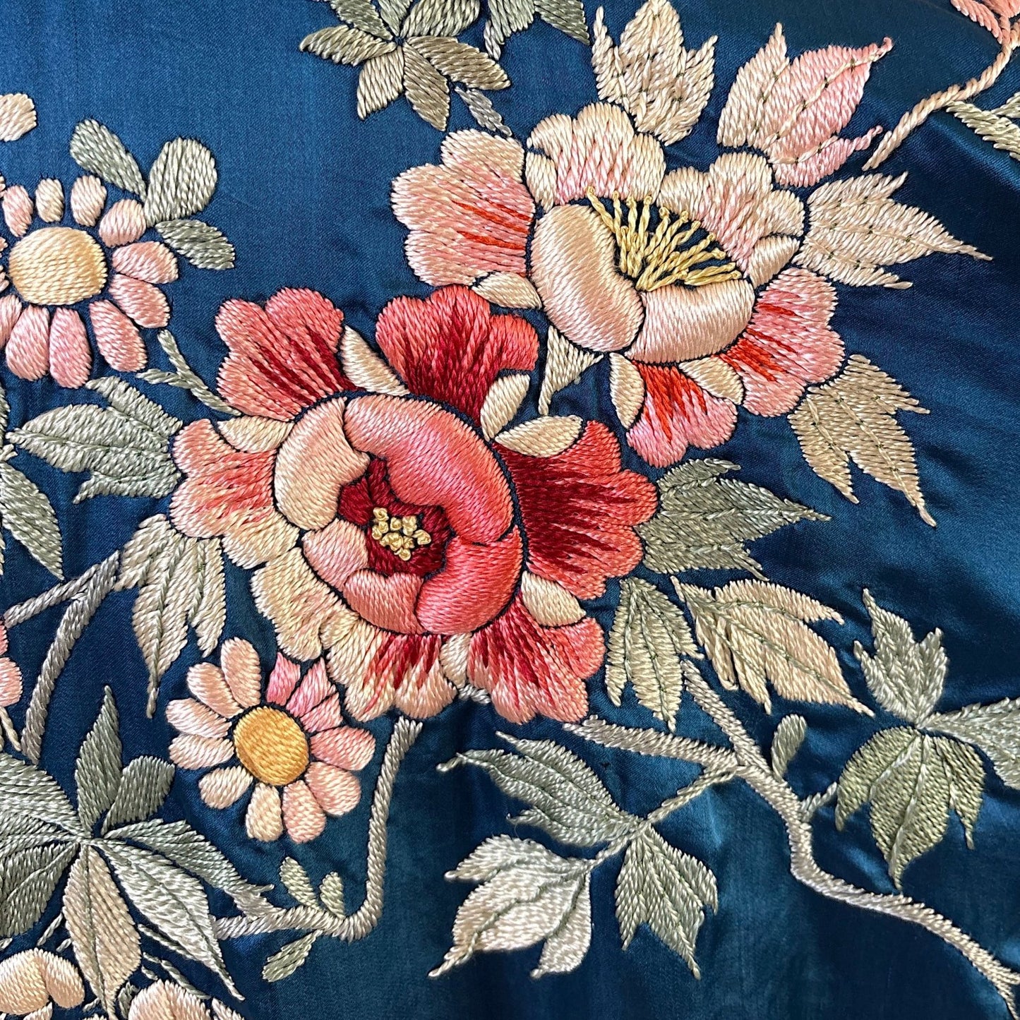 Antique 1920's Cobalt Blue Silk Japanese Kimono with Elaborate Couched Floral Embroidery, size Free - Daggers & Dames