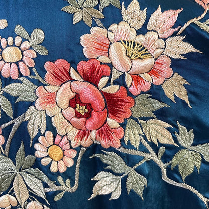 Antique 1920's Cobalt Blue Silk Japanese Kimono with Elaborate Couched Floral Embroidery, size Free - Daggers & Dames