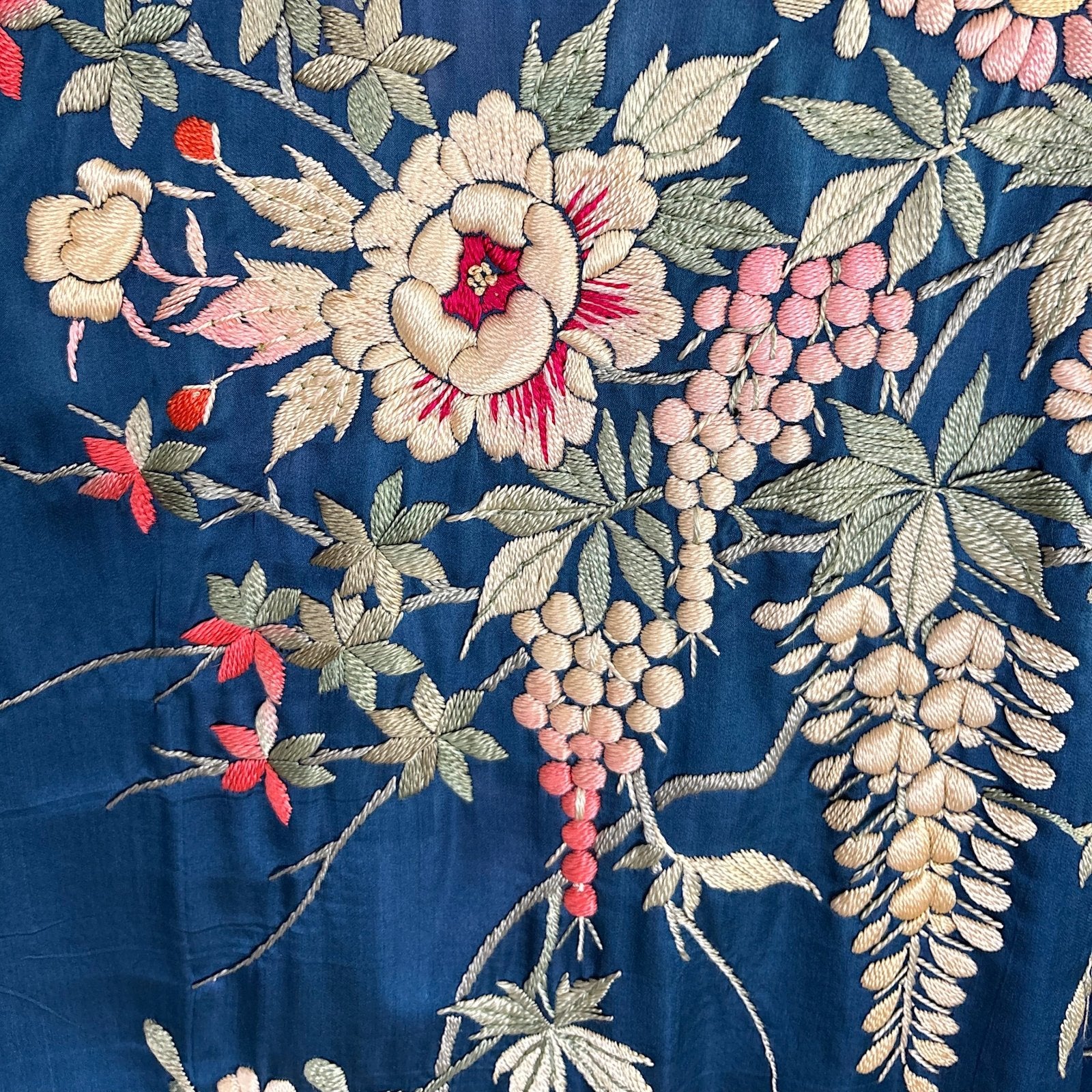 Antique 1920's Cobalt Blue Silk Japanese Kimono with Elaborate Couched Floral Embroidery, size Free - Daggers & Dames