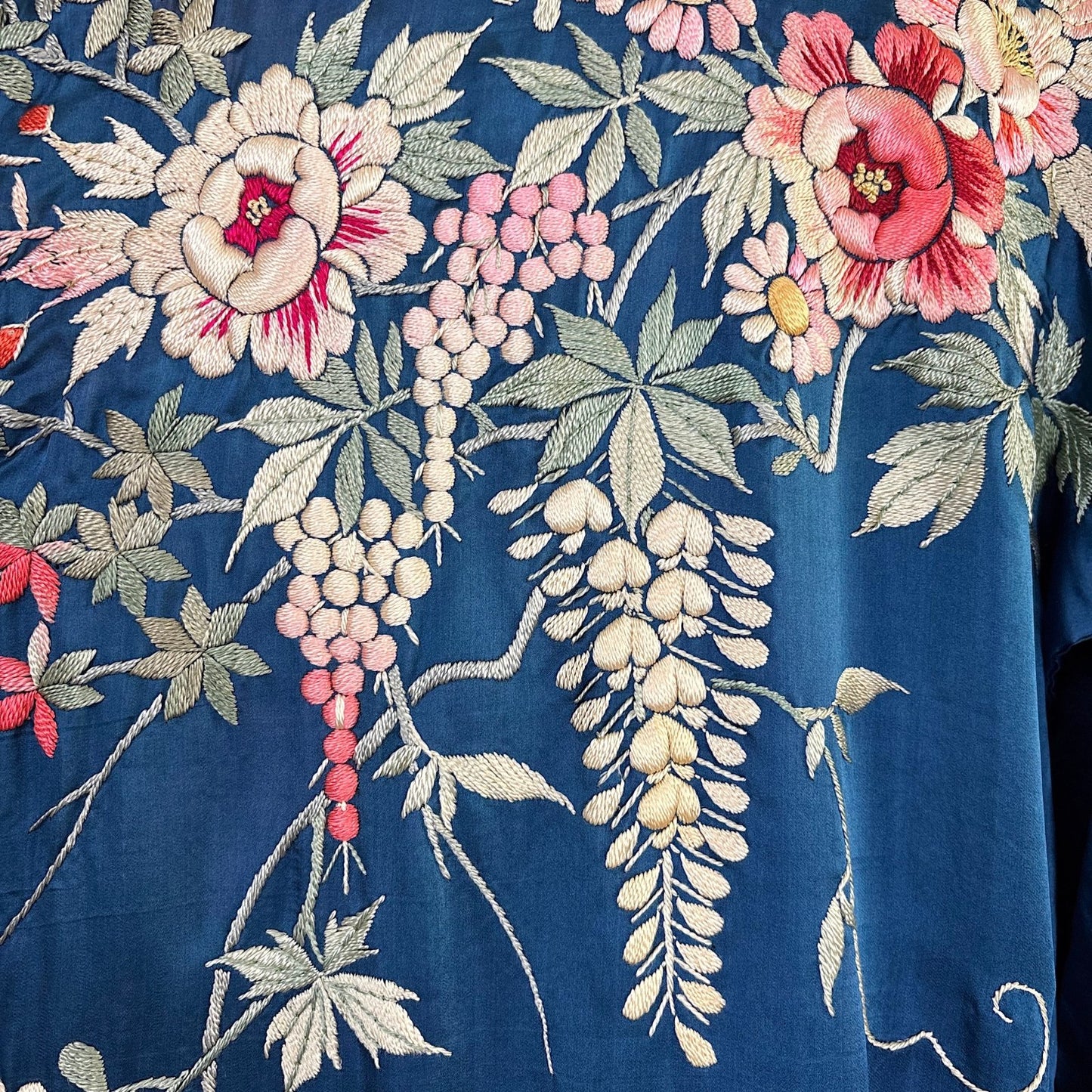 Antique 1920's Cobalt Blue Silk Japanese Kimono with Elaborate Couched Floral Embroidery, size Free - Daggers & Dames