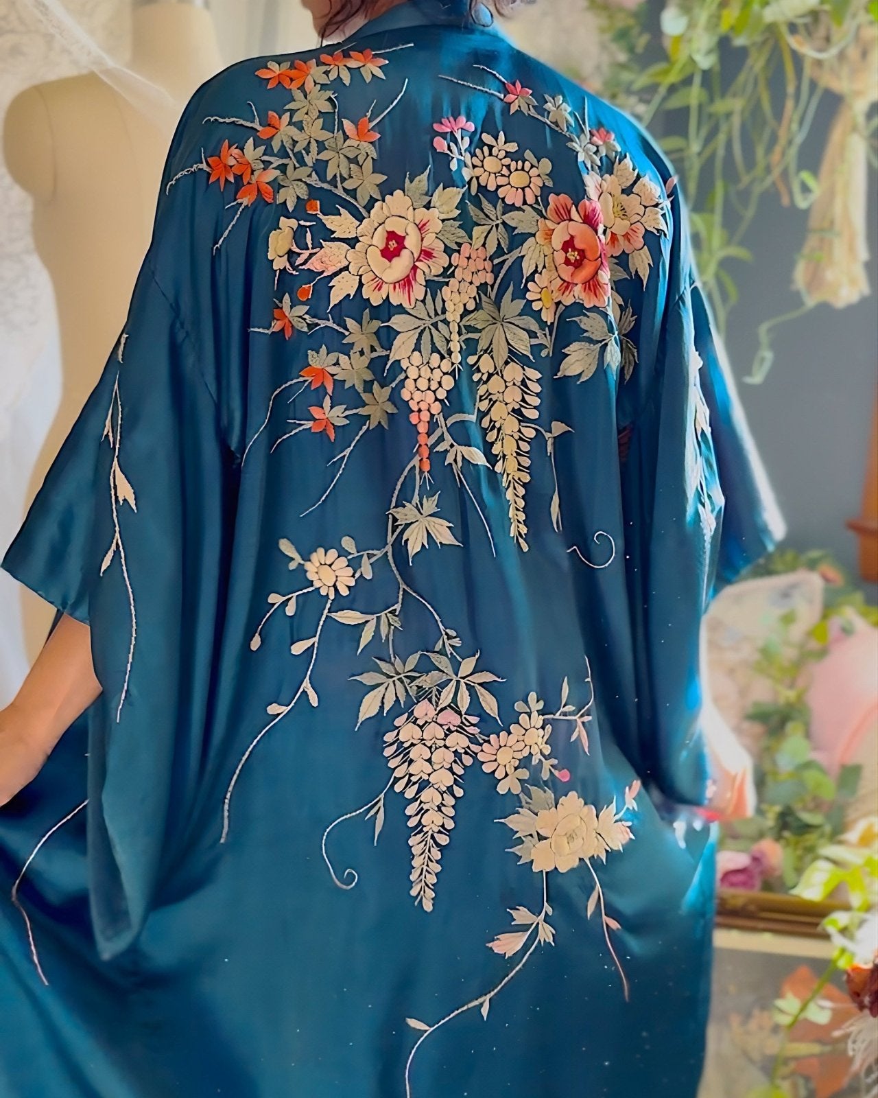 Antique 1920's Cobalt Blue Silk Japanese Kimono with Elaborate Couched Floral Embroidery, size Free - Daggers & Dames