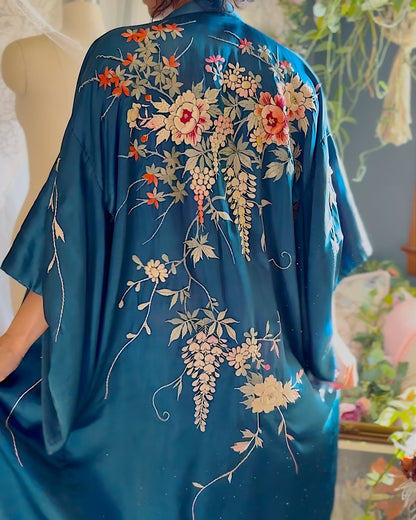 Antique 1920's Cobalt Blue Silk Japanese Kimono with Elaborate Couched Floral Embroidery, size Free - Daggers & Dames