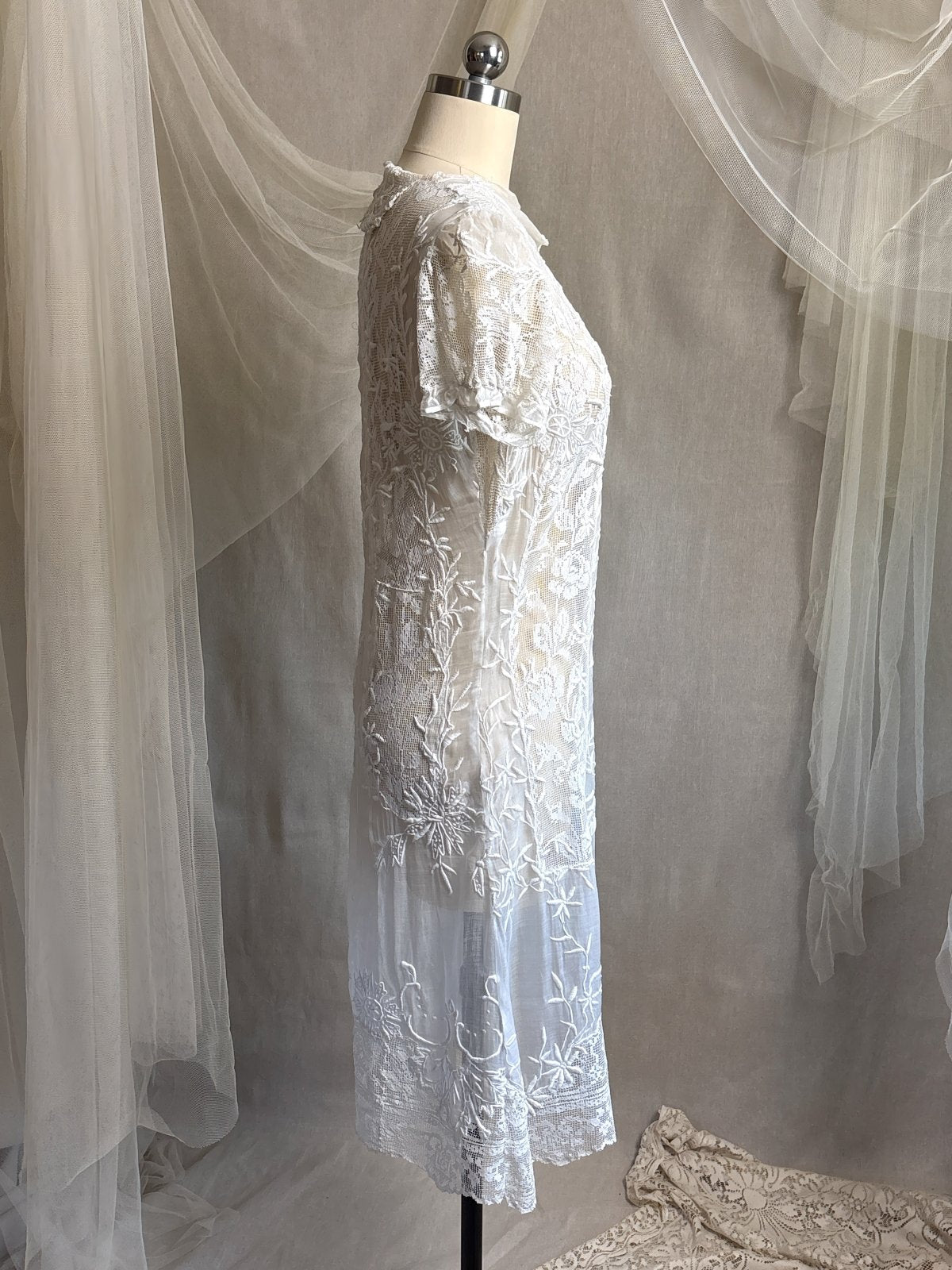 Antique 1920's Dress - Semi - Sheer White Cotton Lawn with Elaborate Mixed Lace & Embroidery | XS, S - Daggers & Dames