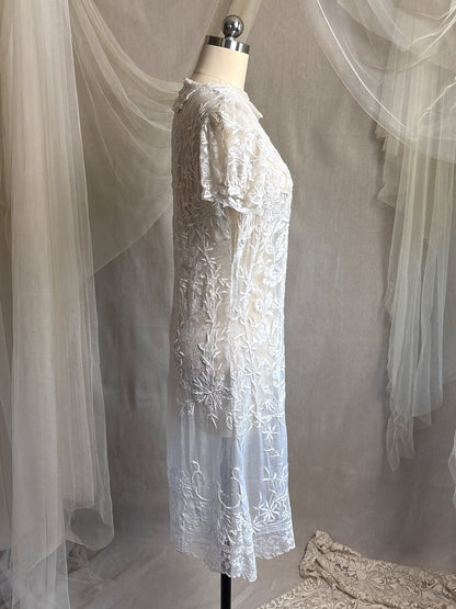 Antique 1920's Dress - Semi - Sheer White Cotton Lawn with Elaborate Mixed Lace & Embroidery | XS, S - Daggers & Dames