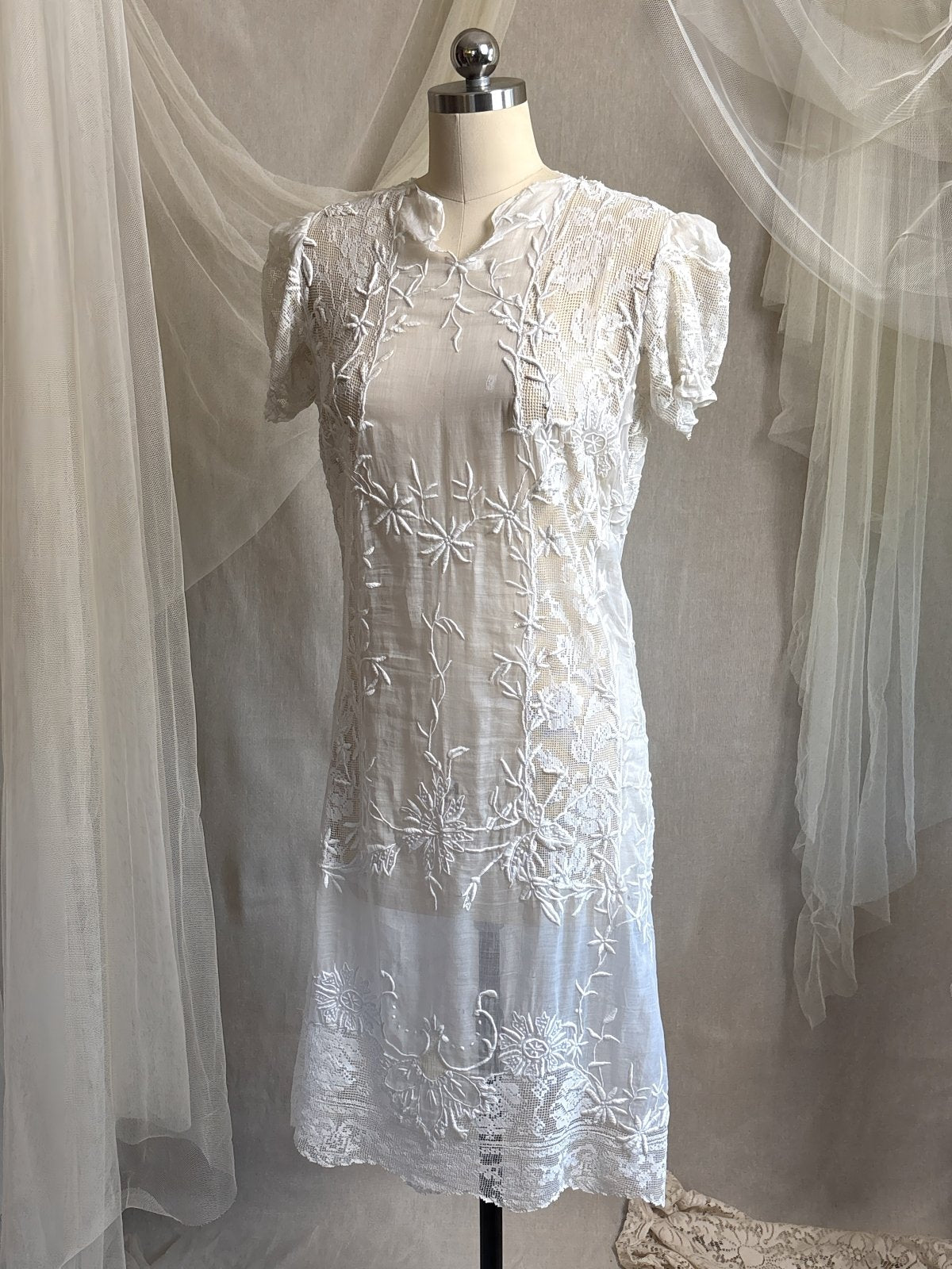 Antique 1920's Dress - Semi - Sheer White Cotton Lawn with Elaborate Mixed Lace & Embroidery | XS, S - Daggers & Dames