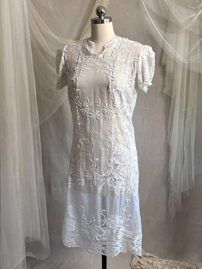 Antique 1920's Dress - Semi - Sheer White Cotton Lawn with Elaborate Mixed Lace & Embroidery | XS, S - Daggers & Dames